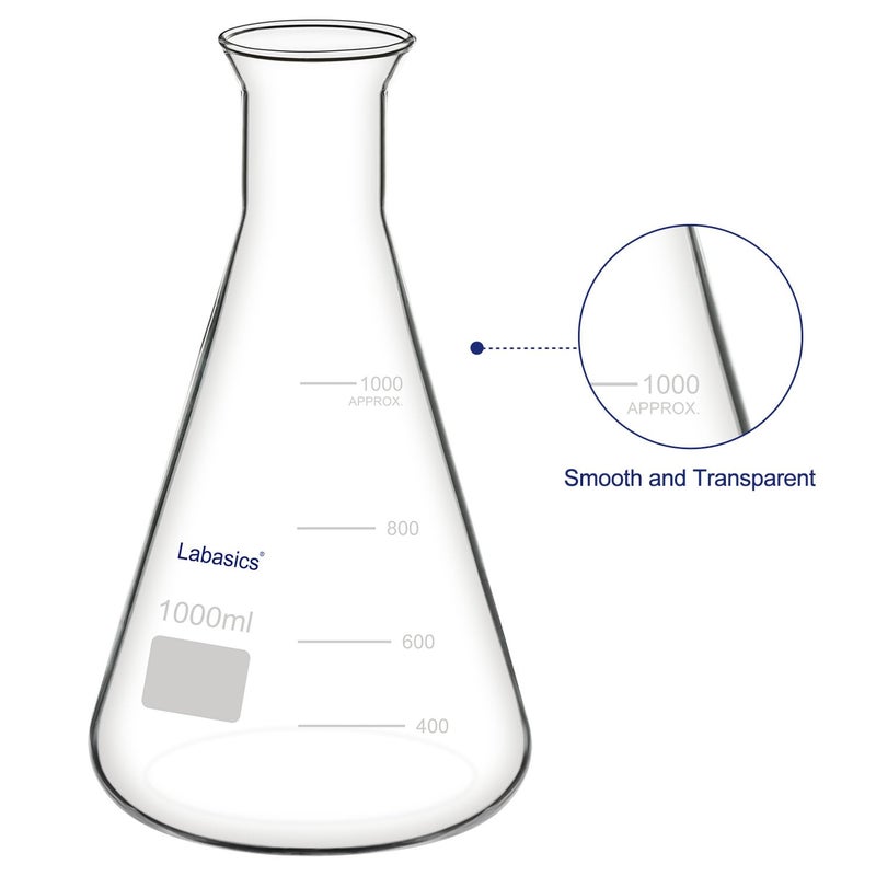 Labasics Glass Wide Mouth Erlenmeyer Flask, Borosilicate Glass Erlenmeyer Flask with Heavy Duty Rim, 1000 ml Capacity (Pack of 1) - Image 2